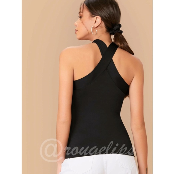 Black Halter Tank Top Criss Cross Slim Fit Stretchy - Picture 3 of 6